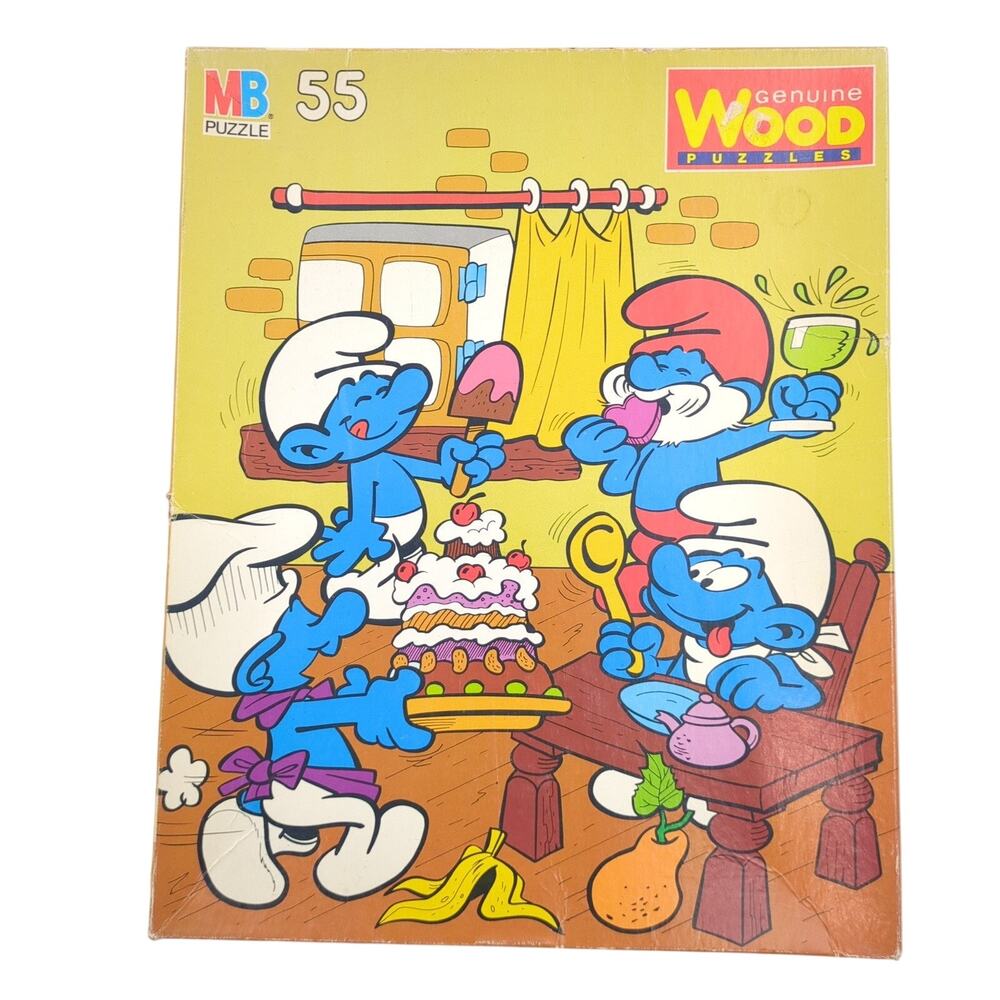 Vintage MB Smurfs Genuine Wood Puzzle 55 Pieces Ages 4-8 Wallace Berrie 1982